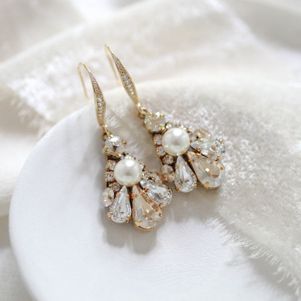 Delicate Antique gold Austrian crystal drop Bridal earrings - SYLVIA