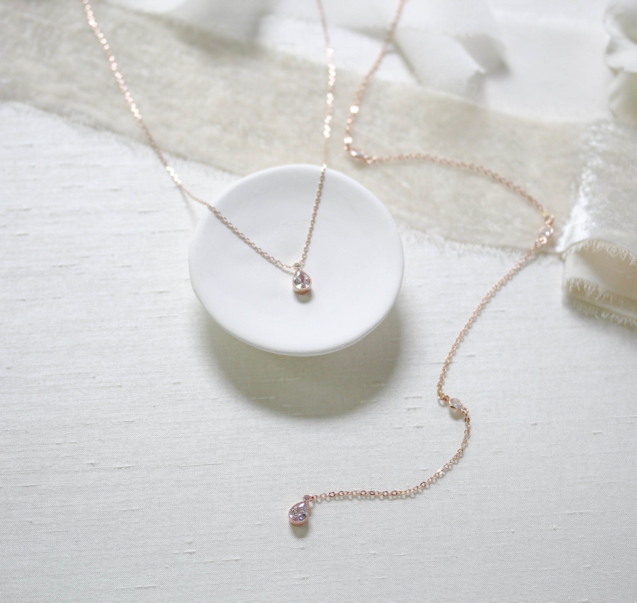 Delicate cubic zirconia Bridal backdrop necklace - KHLOE - Treasures by Agnes