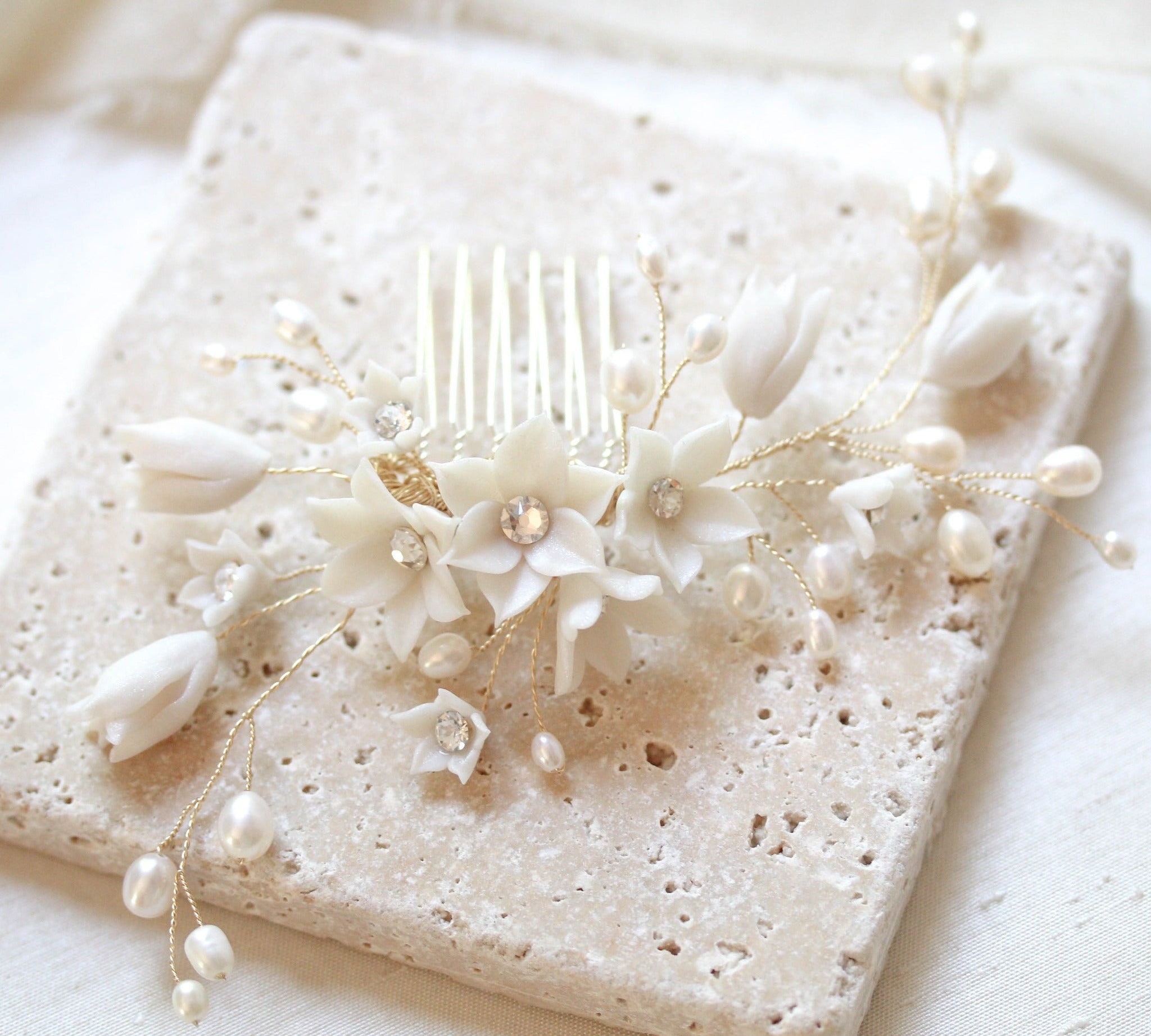 Delicate Floral Bridal hair comb with pearls - JASMINE - Treasures by Agnes