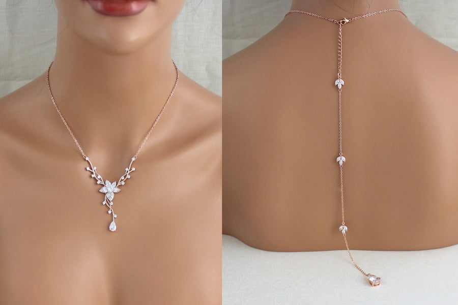 Delicate Rose gold bridal backdrop necklace and earring set - LILY - Treasures by Agnes