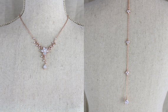 Delicate Rose gold bridal backdrop necklace and earring set - LILY - Treasures by Agnes