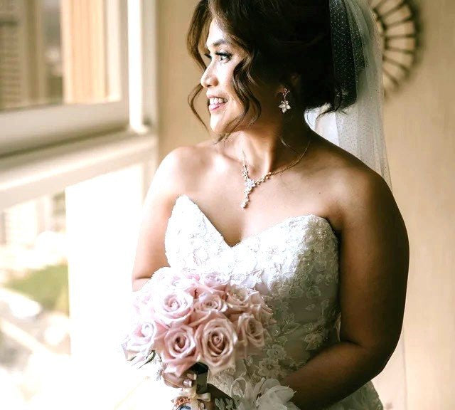 Delicate Rose gold bridal backdrop necklace and earring set - LILY - Treasures by Agnes