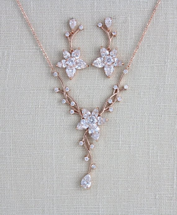 Delicate Rose gold bridal backdrop necklace and earring set - LILY - Treasures by Agnes