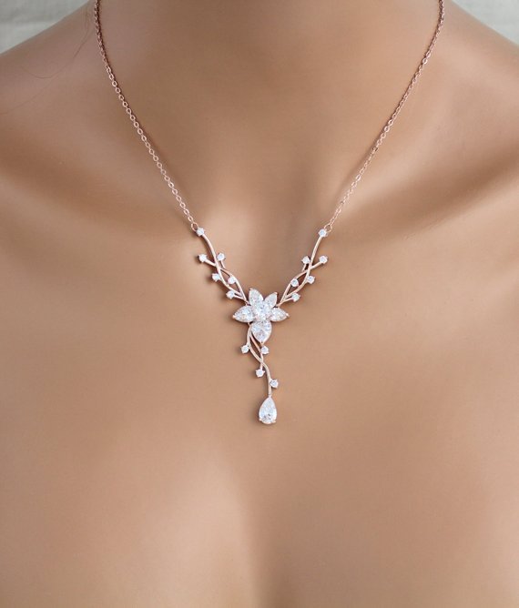 Delicate Rose gold bridal backdrop necklace and earring set - LILY - Treasures by Agnes