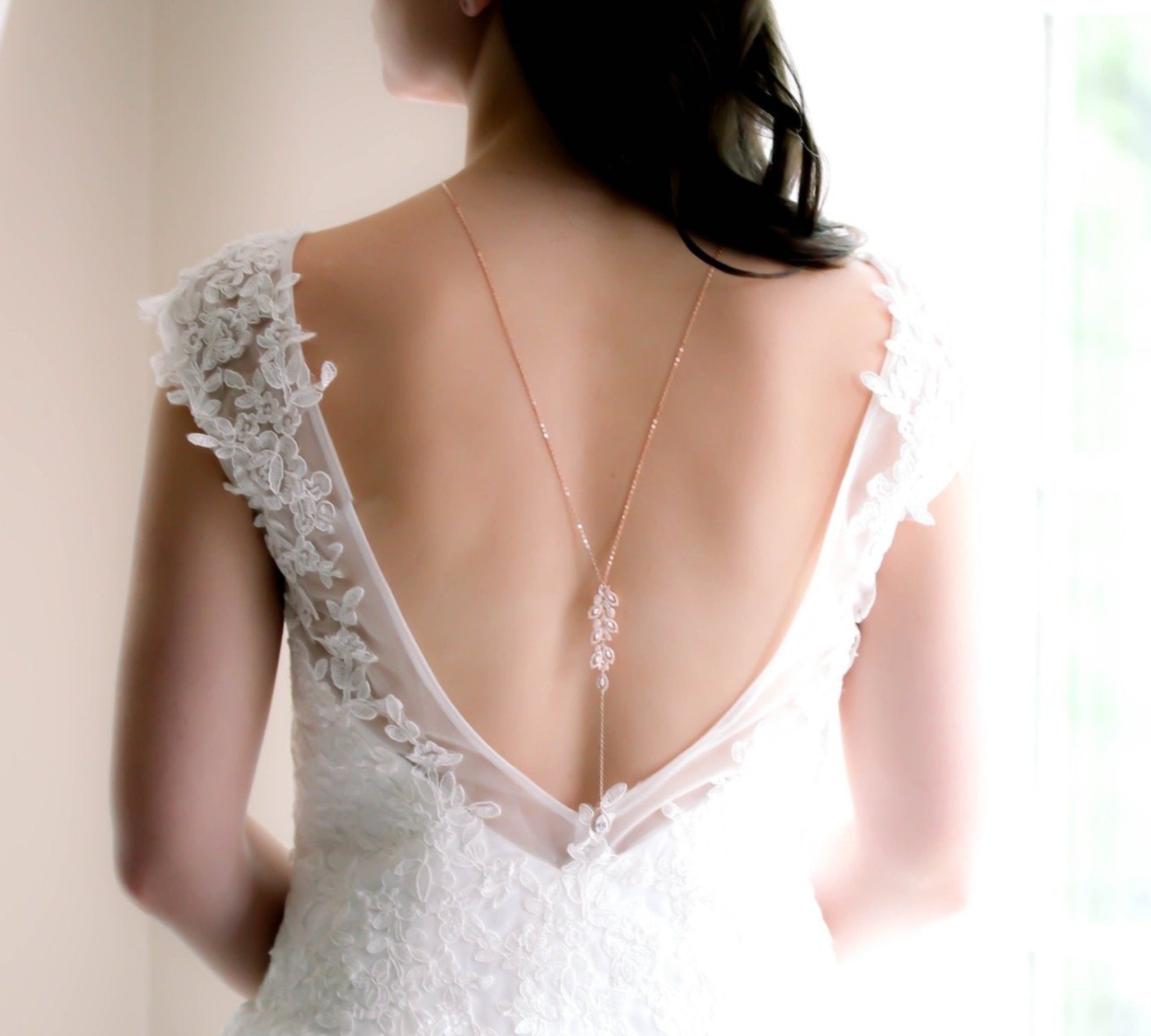 Delicate rose gold Bridal backdrop necklace - MICHELLE - Treasures by Agnes