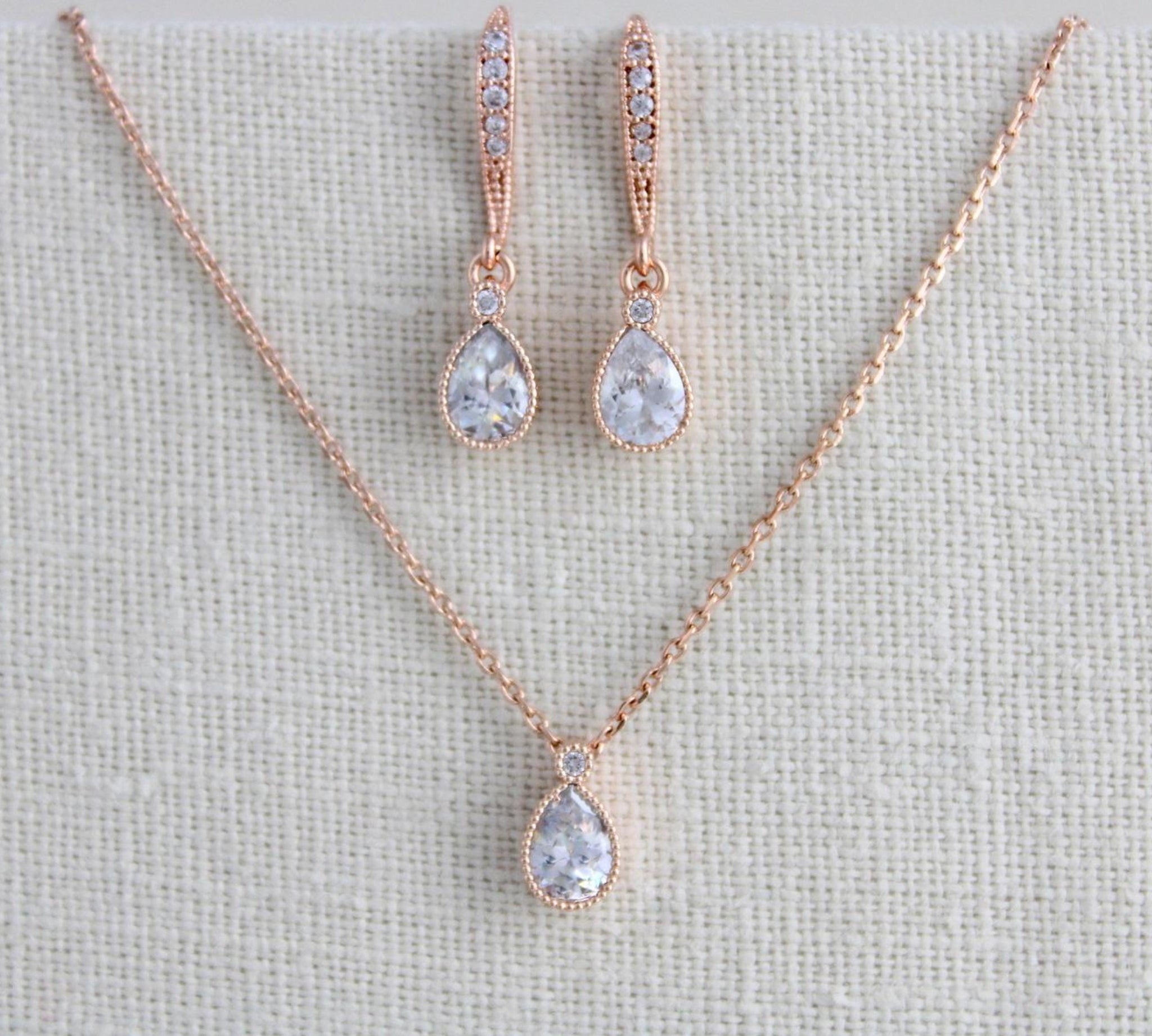 Delicate rose gold Bridal necklace and earring set - KHLOE - Treasures by Agnes