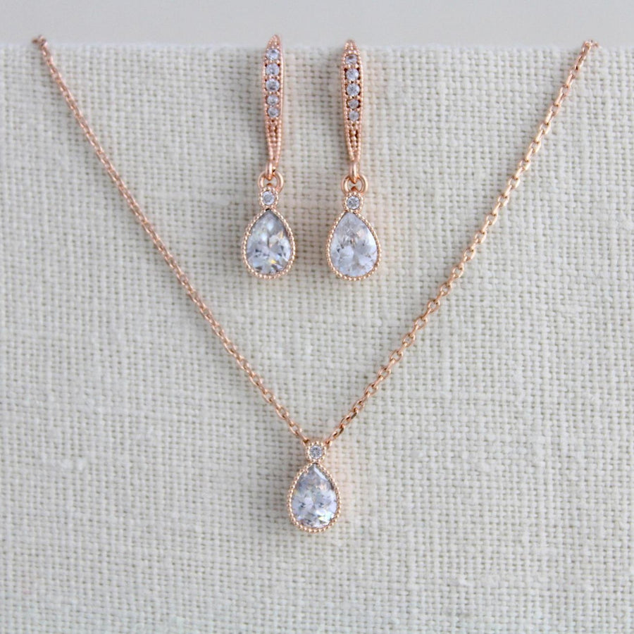 Delicate rose gold Bridal necklace and earring set - KHLOE - Treasures by Agnes