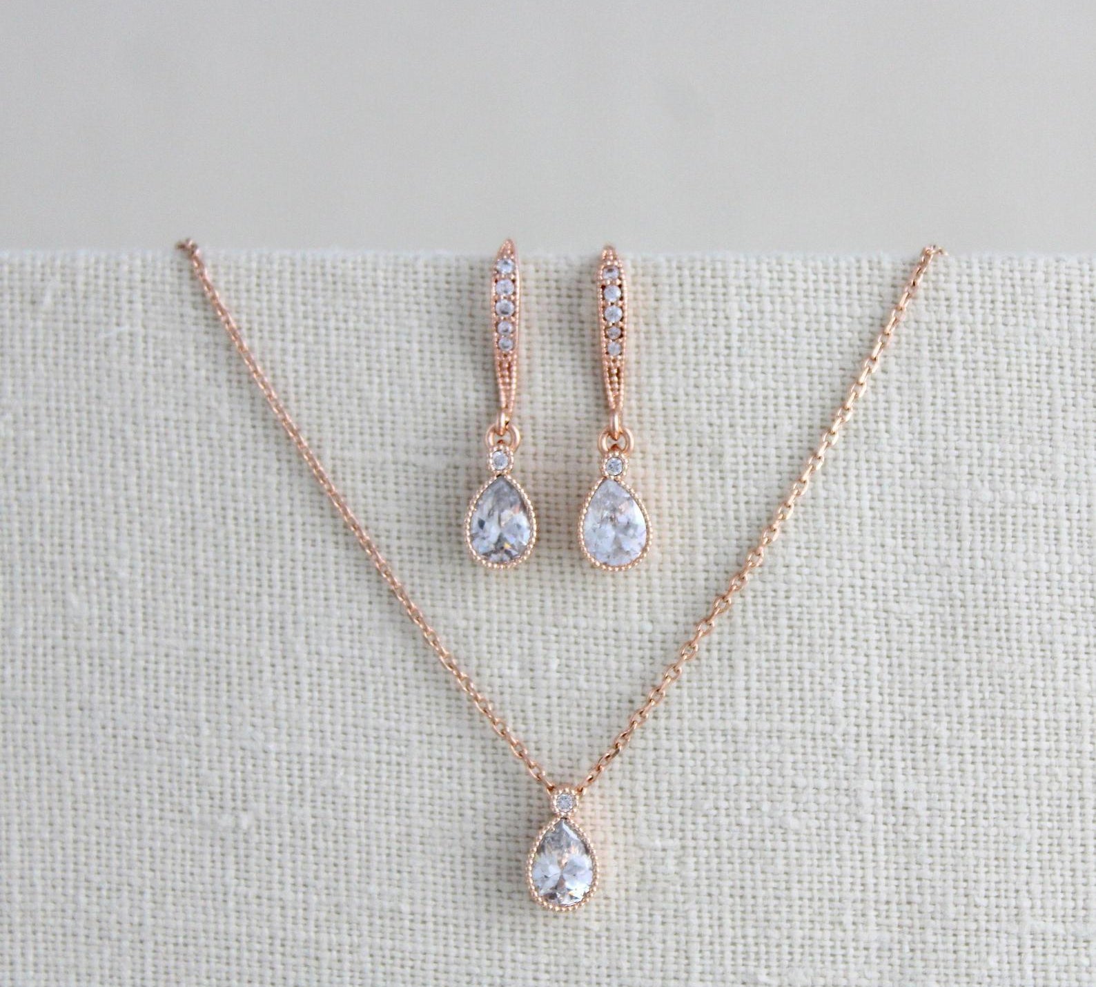 Delicate rose gold Bridal necklace and earring set - KHLOE - Treasures by Agnes