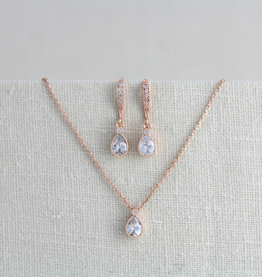 Delicate rose gold Bridal necklace and earring set - KHLOE - Treasures by Agnes