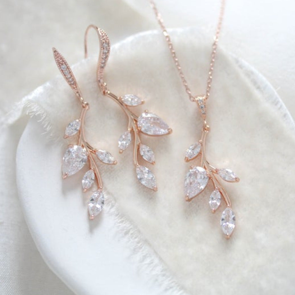 Delicate Rose gold bridal backdrop necklace and earring set - LILY–  Treasures by Agnes