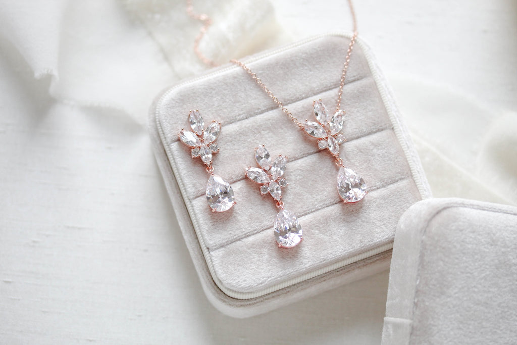 Delicate rose gold crystal drop wedding necklace set - DIVINE - Treasures by Agnes