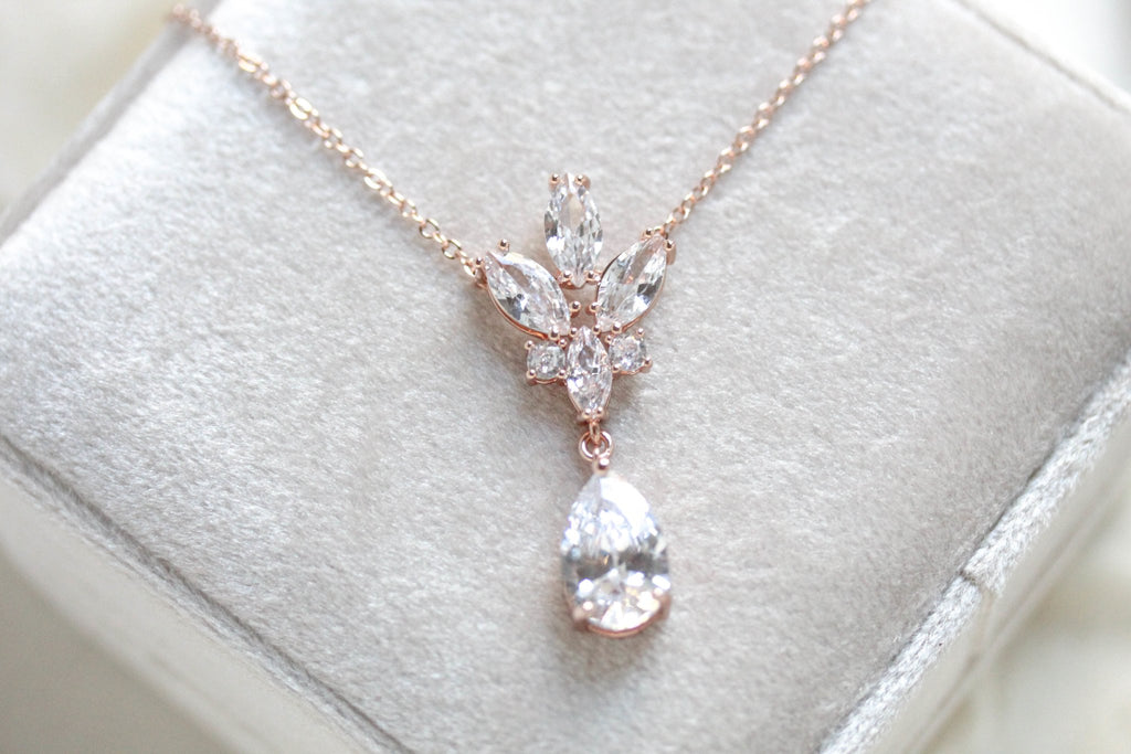 Delicate rose gold crystal drop wedding necklace set - DIVINE