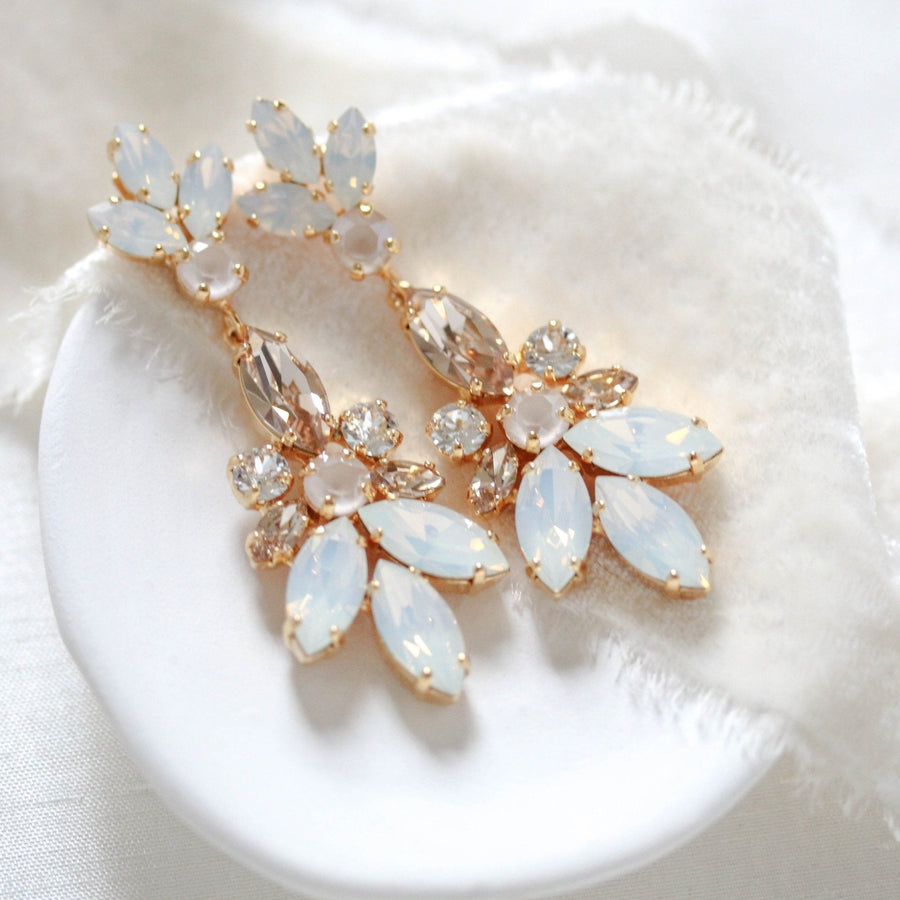 Deluxe white opal crystal statement earrings for bride - COLETTE