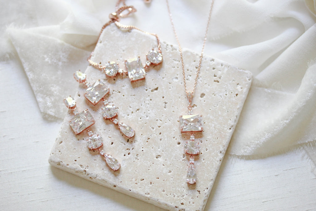 Emerald cut Rose gold earrings for Bride - ADELINE - Treasures by Agnes
