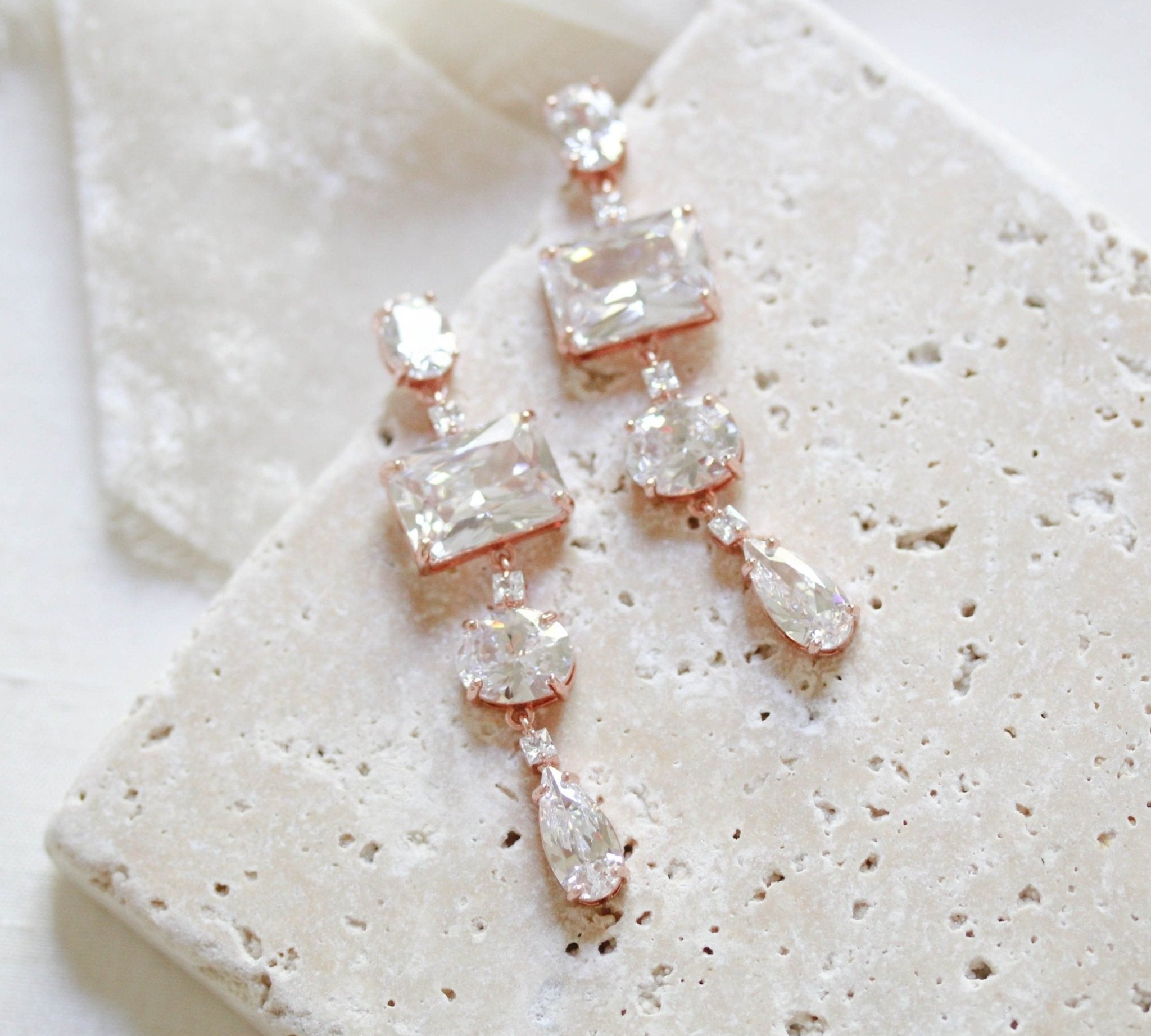 Emerald cut Rose gold earrings for Bride - ADELINE - Treasures by Agnes