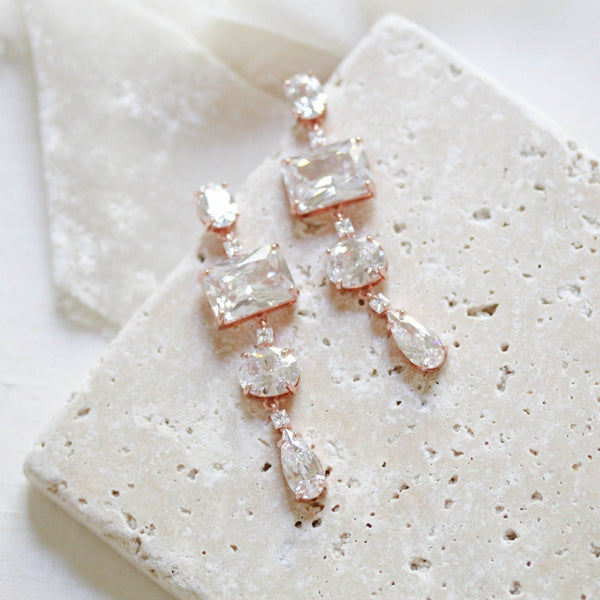 Emerald cut Rose gold earrings for Bride - ADELINE - Treasures by Agnes