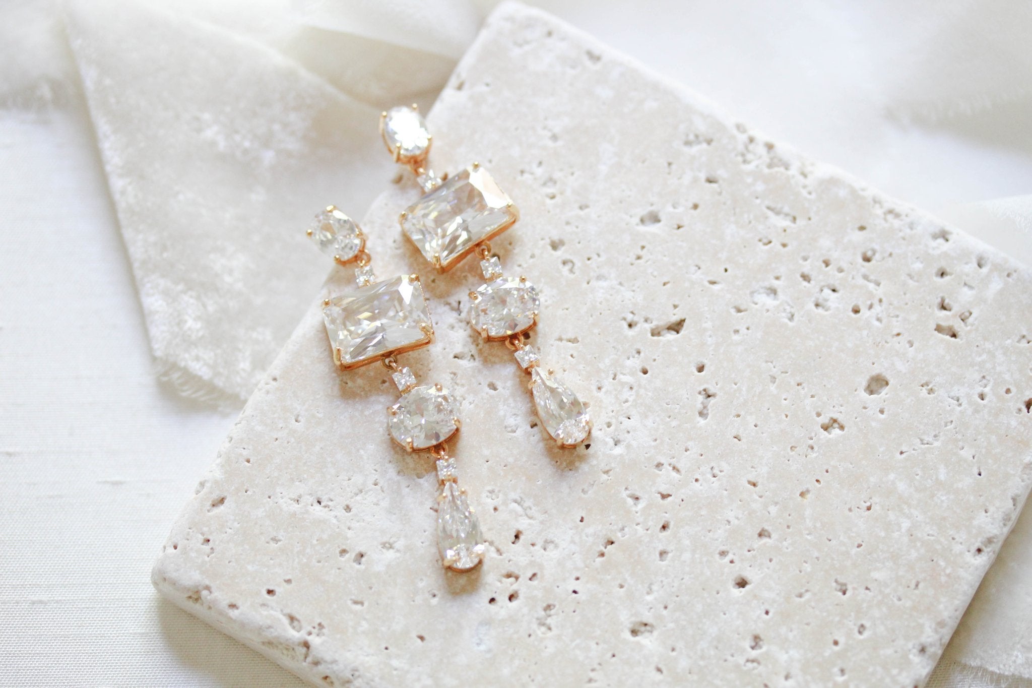 Emerald cut Rose gold earrings for Bride - ADELINE - Treasures by Agnes