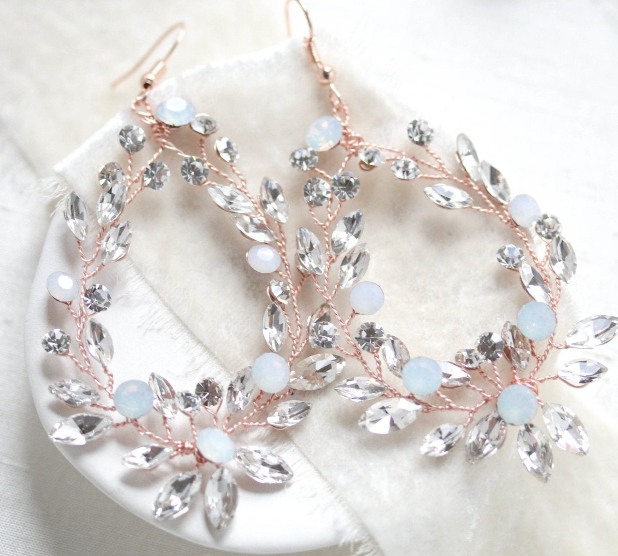 Rose gold rhinestone vine statement earrings for bride - Fiona