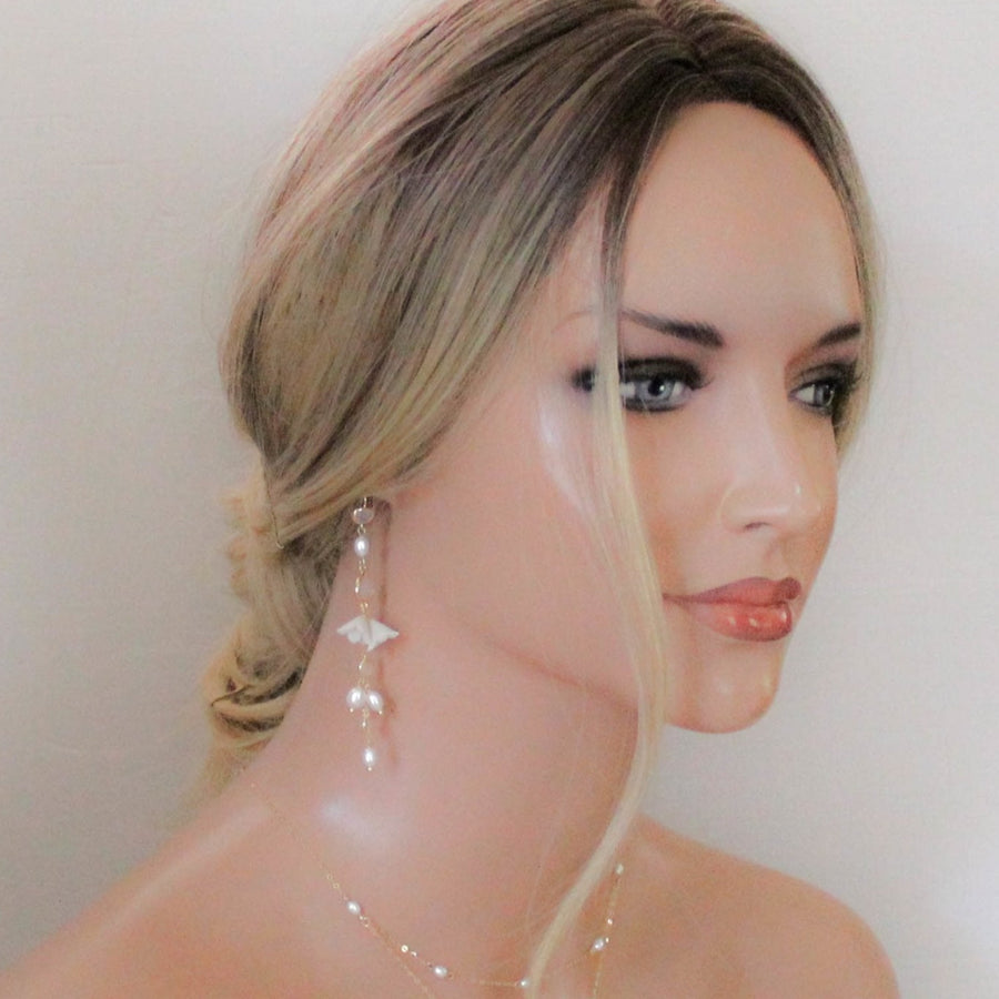 Floral Wedding earrings with pearls and pink opal stones - SARINA - Treasures by Agnes