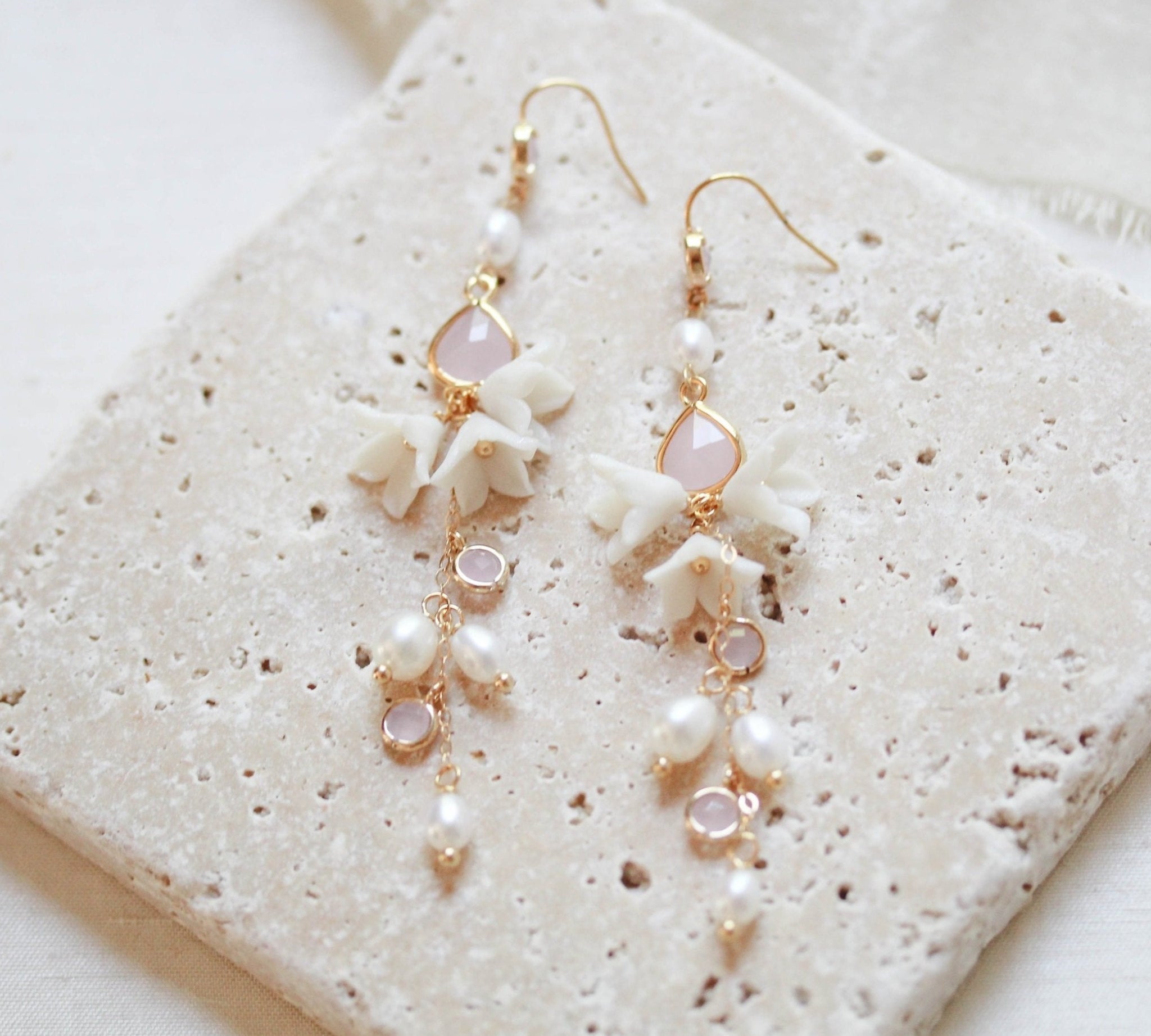 Floral Wedding earrings with pearls and pink opal stones - SARINA - Treasures by Agnes