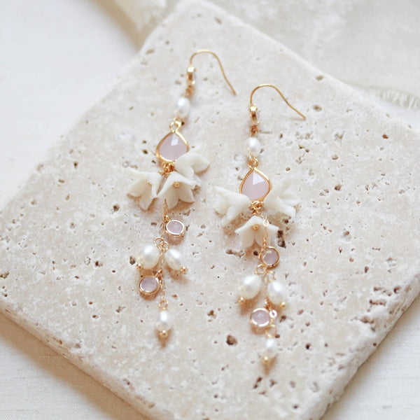 Floral Wedding earrings with pearls and pink opal stones - SARINA - Treasures by Agnes