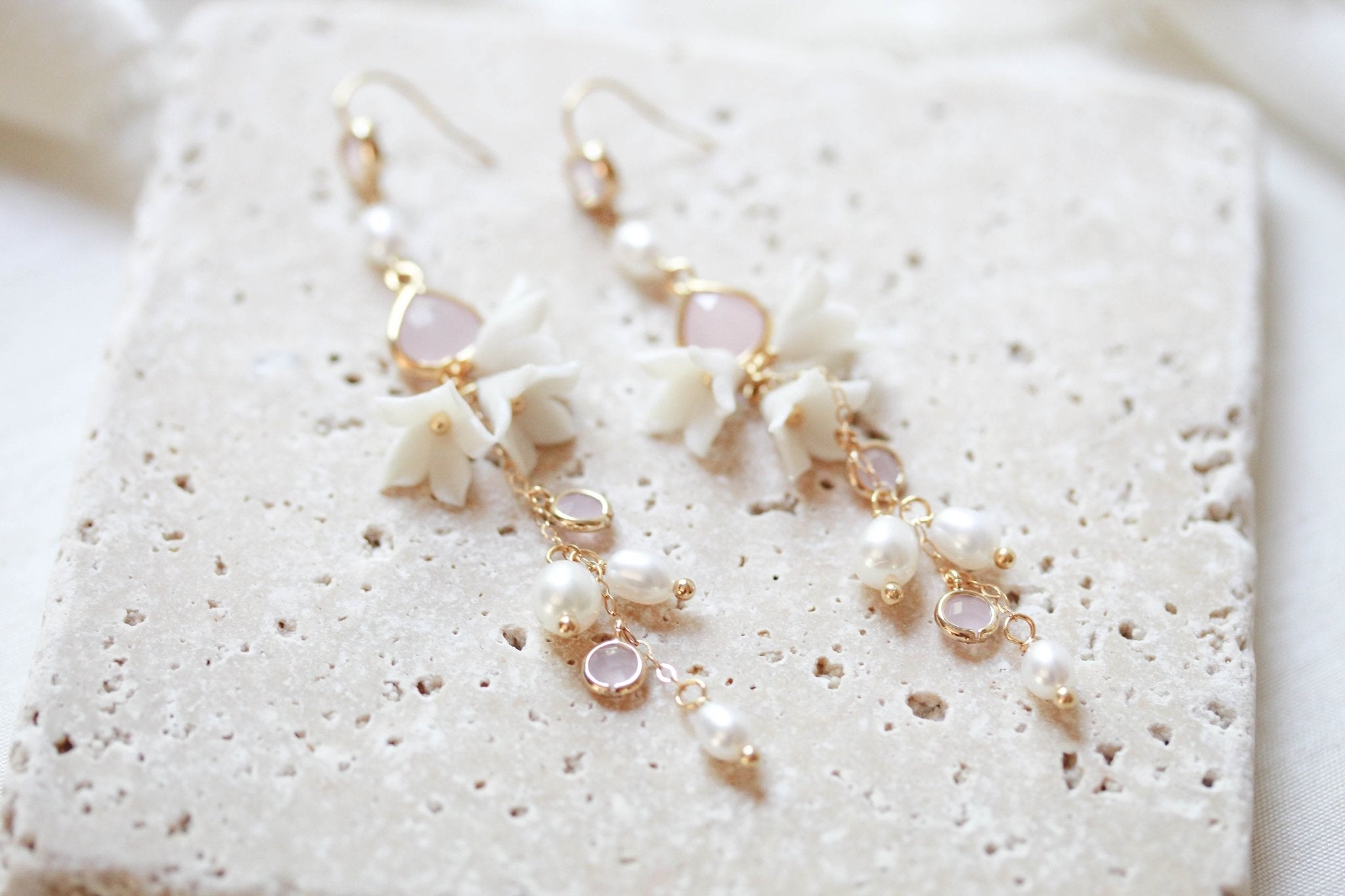 Floral Wedding earrings with pearls and pink opal stones - SARINA - Treasures by Agnes