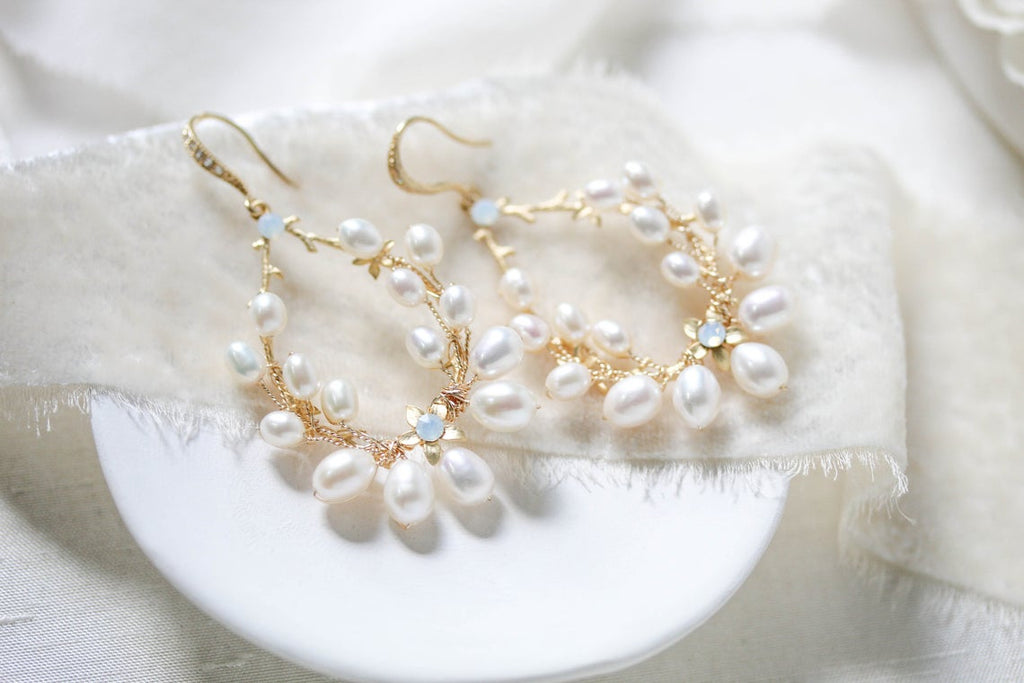 Freshwater pearl hoop Bridal earrings with Swarovski crystals - NICOLE - Treasures by agnes