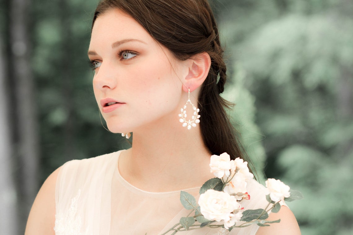 Freshwater pearl hoop Bridal earrings with Swarovski crystals - NICOLE - Treasures by agnes