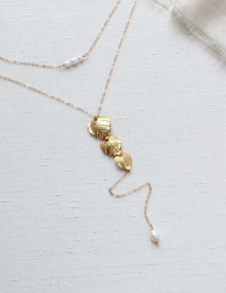 Gold bridal back necklace with freshwater pearls - DELANEY - Treasures by Agnes