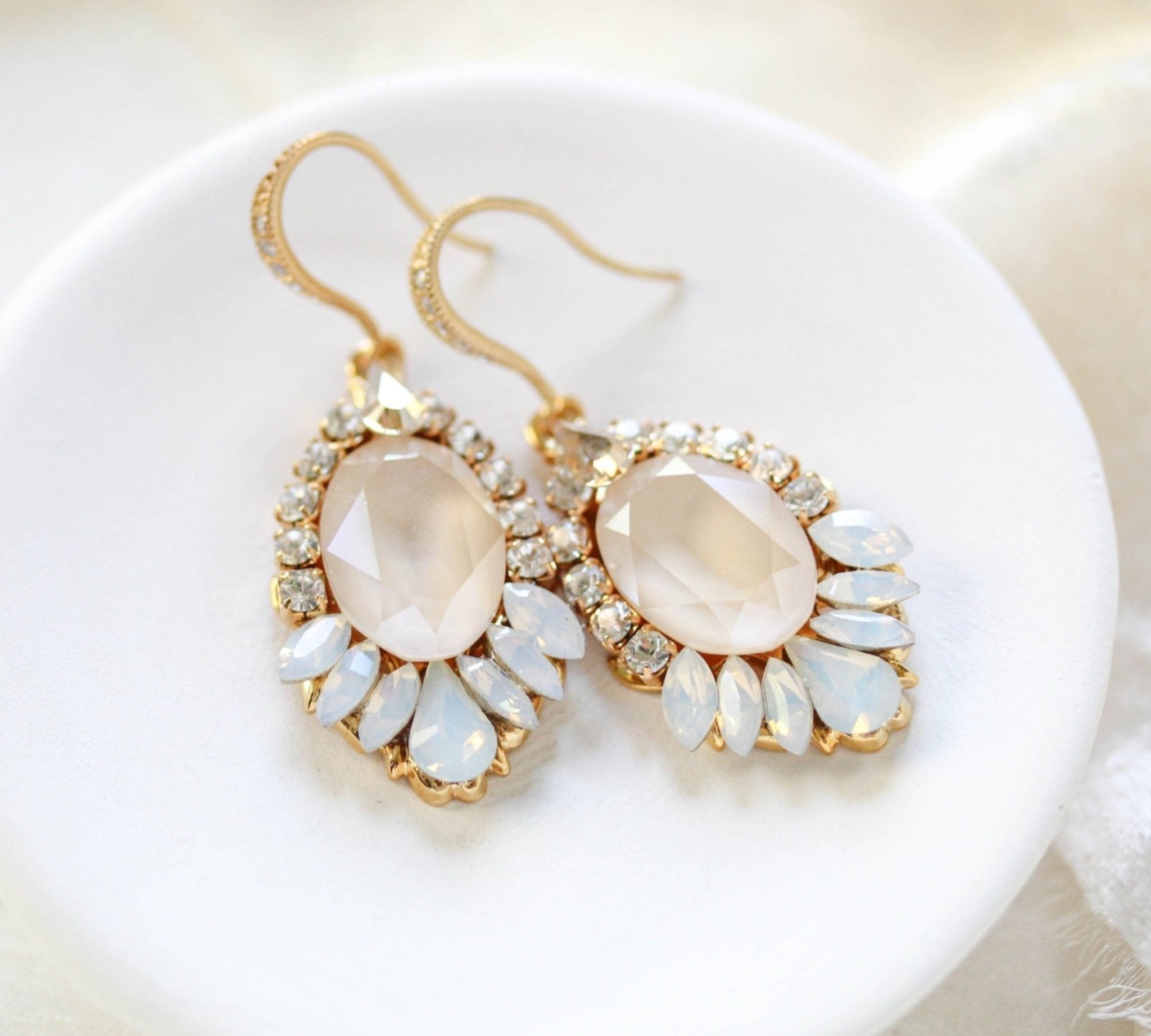 Gold Bridal earrings with ivory cream and white opal crystals - TEAGAN - Treasures by Agnes
