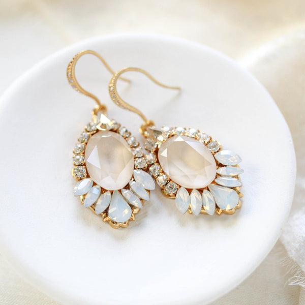 Gold Bridal earrings with ivory cream and white opal crystals - TEAGAN - Treasures by Agnes