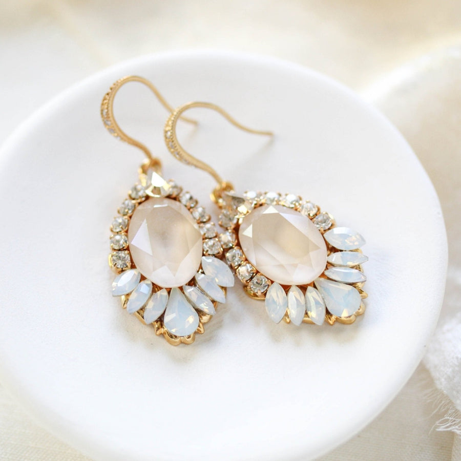 Gold Bridal earrings with ivory cream and white opal crystals - TEAGAN - Treasures by Agnes