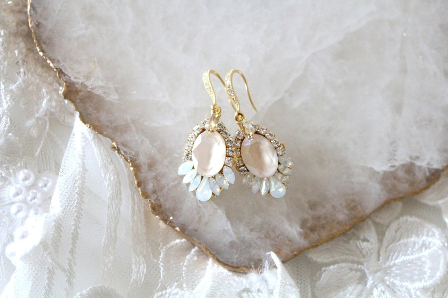 Gold Bridal earrings with ivory cream and white opal crystals - TEAGAN - Treasures by Agnes