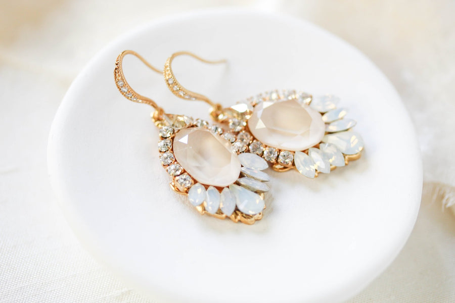 Gold Bridal earrings with ivory cream and white opal crystals - TEAGAN - Treasures by Agnes