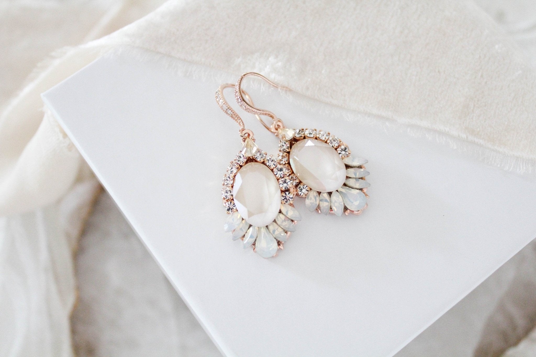 Gold Bridal earrings with ivory cream and white opal crystals - TEAGAN - Treasures by Agnes