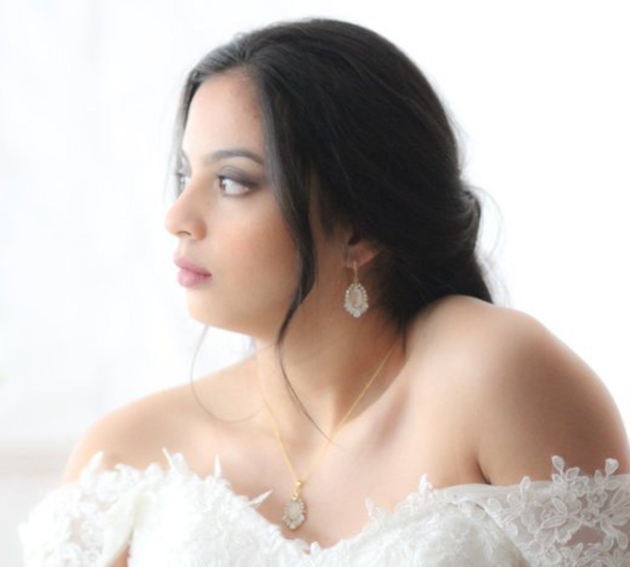 Gold Bridal earrings with ivory cream and white opal crystals - TEAGAN - Treasures by Agnes