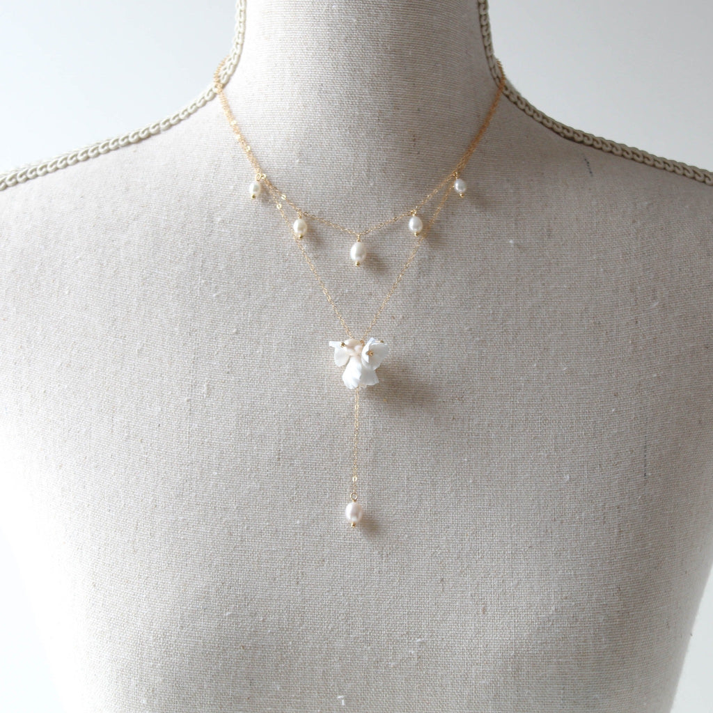 Gold filled pearl lariat bridal necklace - MEADOW - Treasures by Agnes