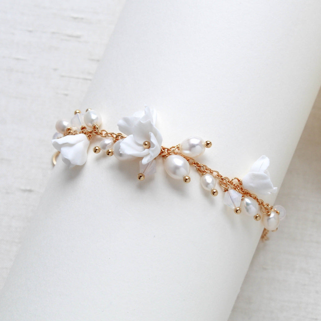 Gold floral bridal bracelet with freshwater pearls - MEADOW - Treasures by Agnes