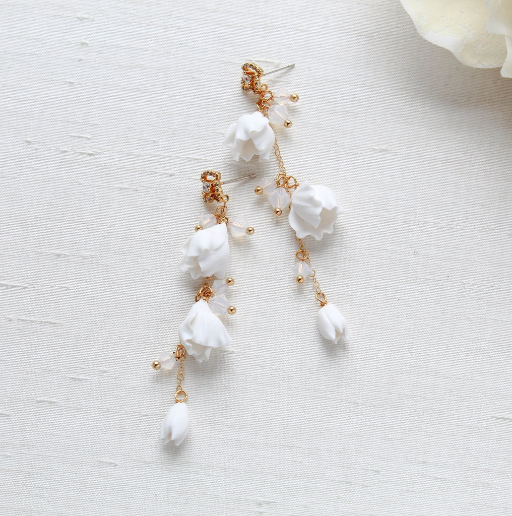 Gold floral earrings with white opal crystal beads - MILANI - Treasures by Agnes