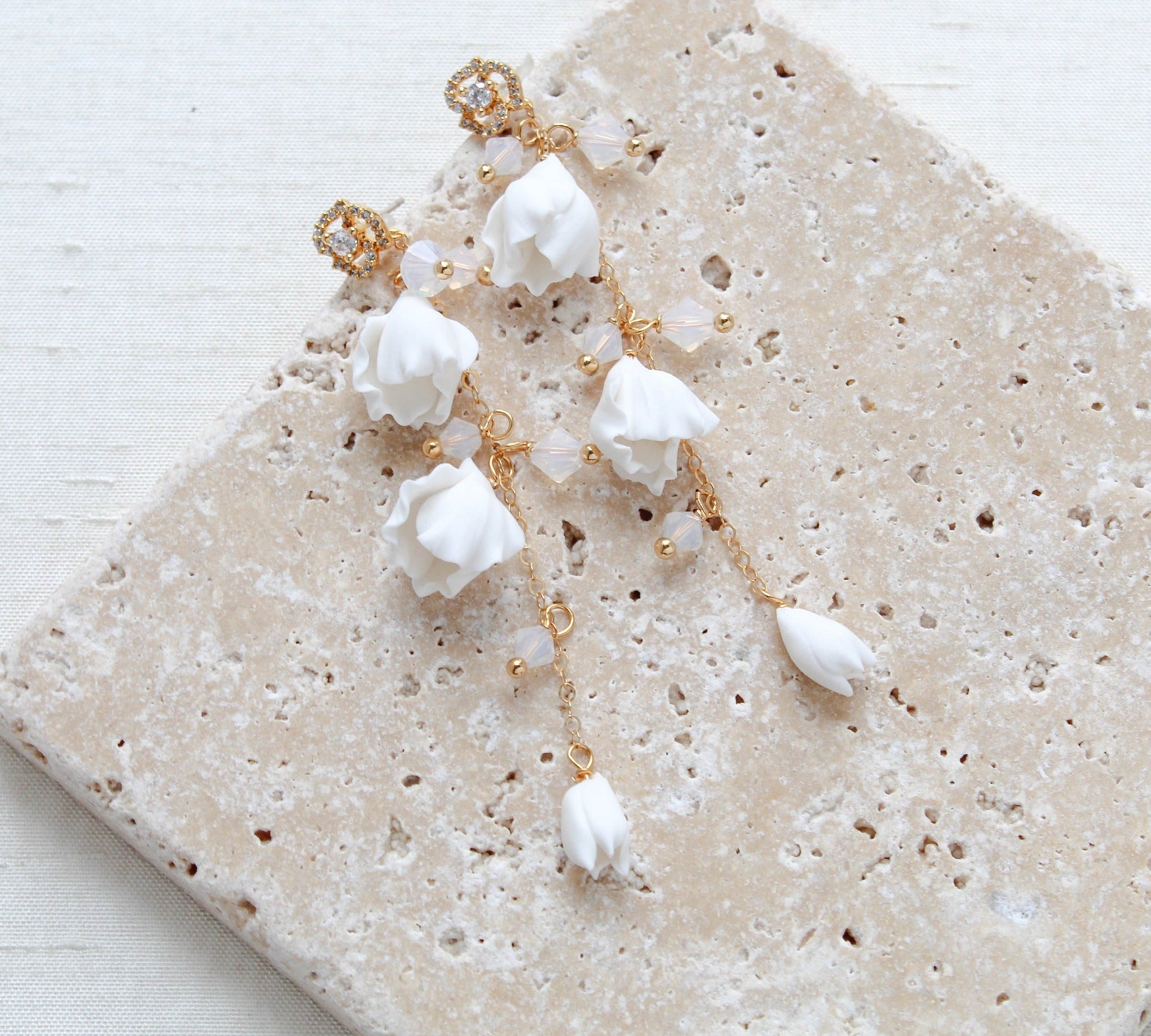 Gold floral earrings with white opal crystal beads - MILANI - Treasures by Agnes
