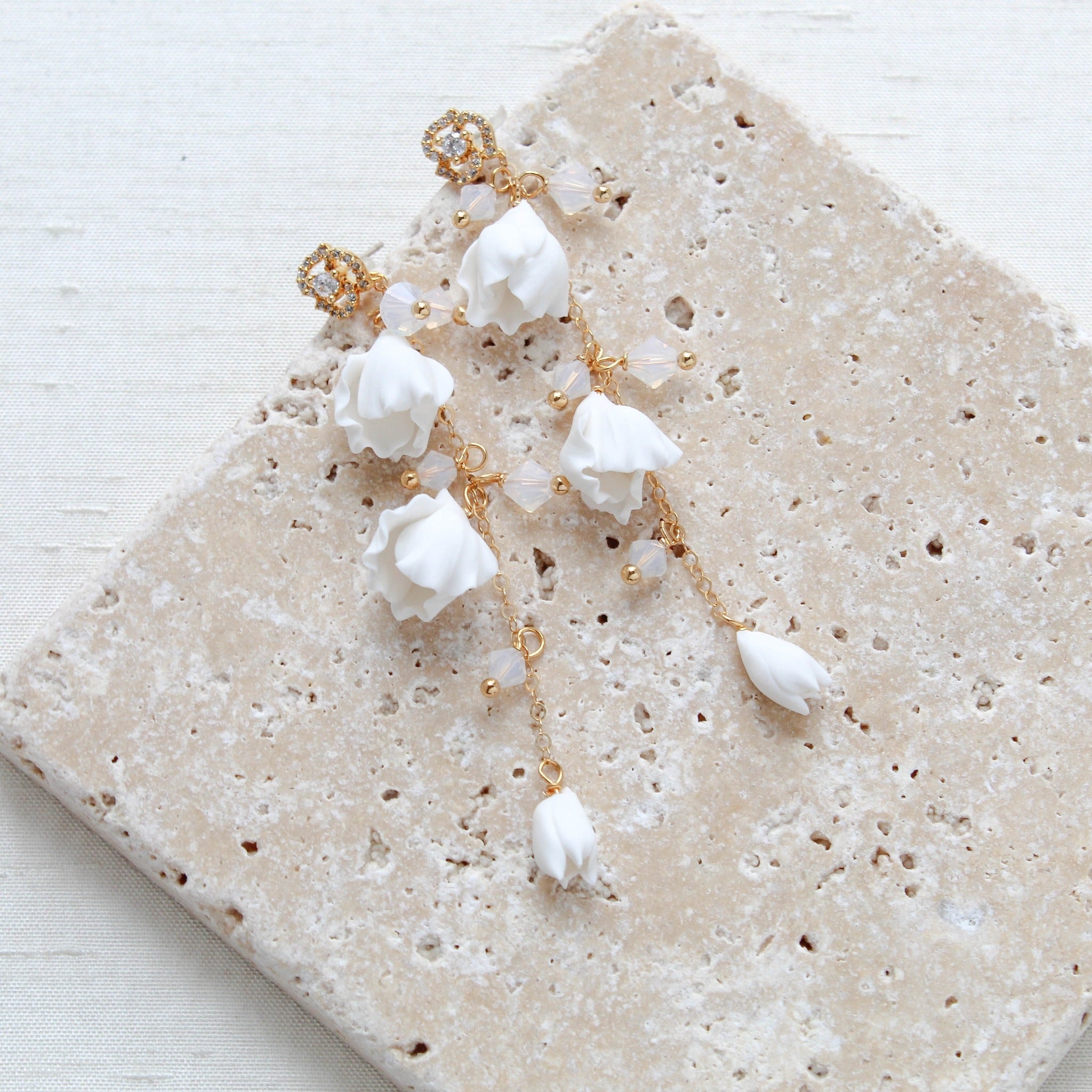 Gold floral earrings with white opal crystal beads - MILANI - Treasures by Agnes
