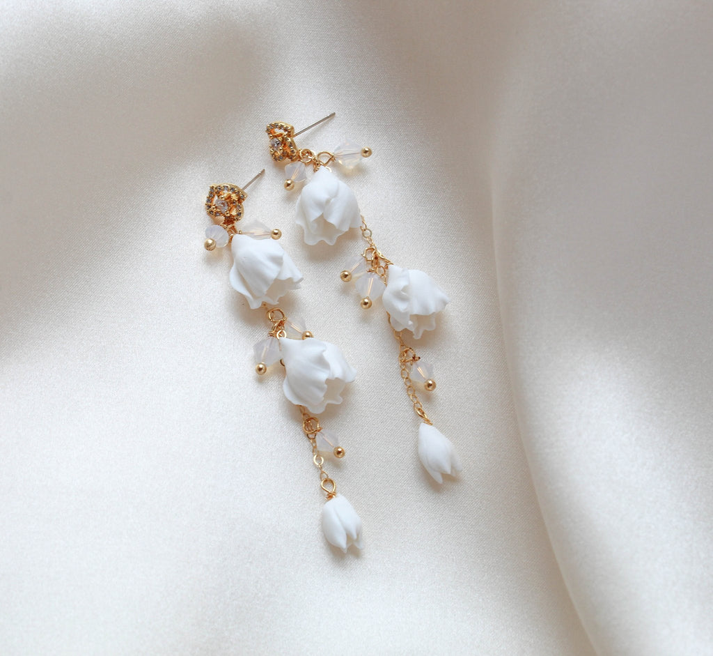 Gold floral earrings with white opal crystal beads - MILANI - Treasures by Agnes