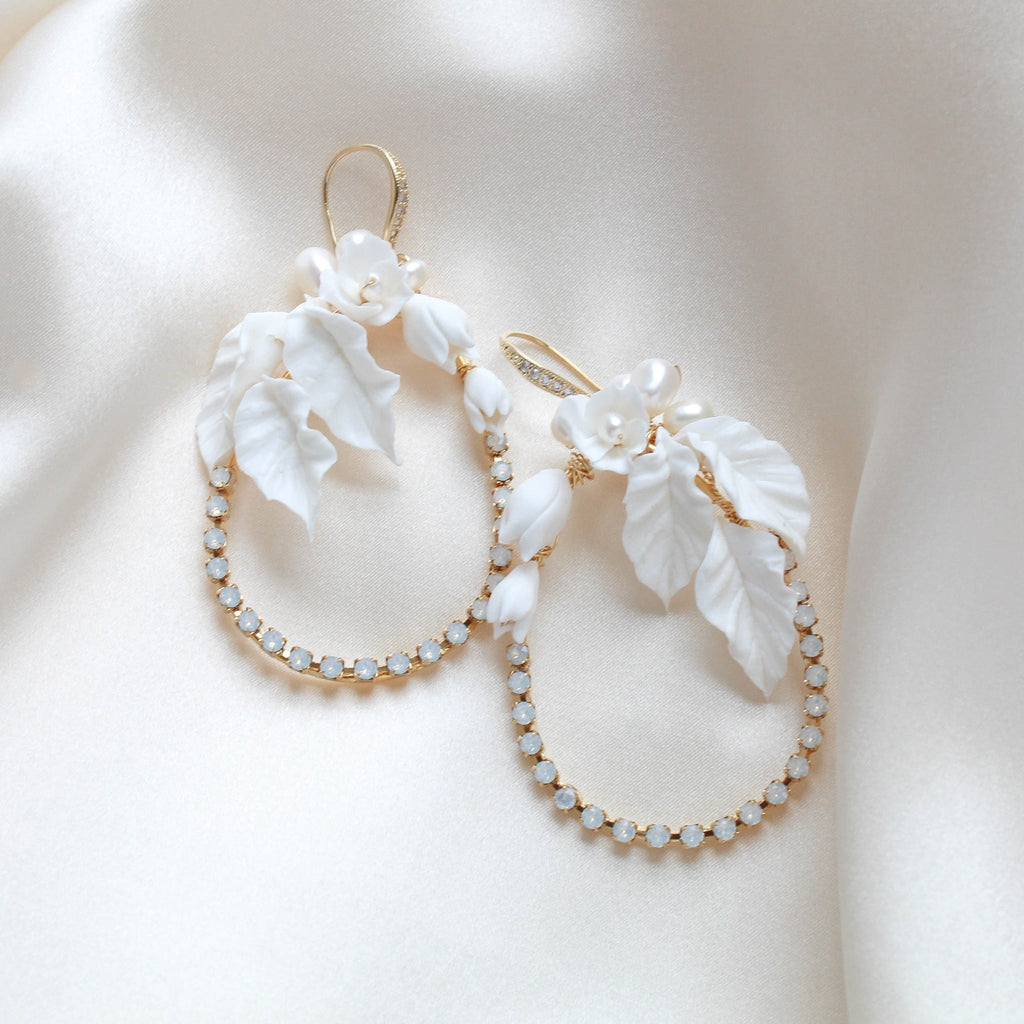 Gold floral statement hoop earrings for wedding - CELENA - Treasures by Agnes