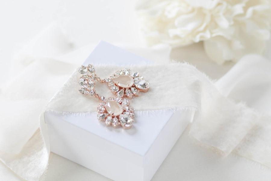 Gold Ivory cream crystal Bridal statement earrings - ELISE - Treasures by Agnes