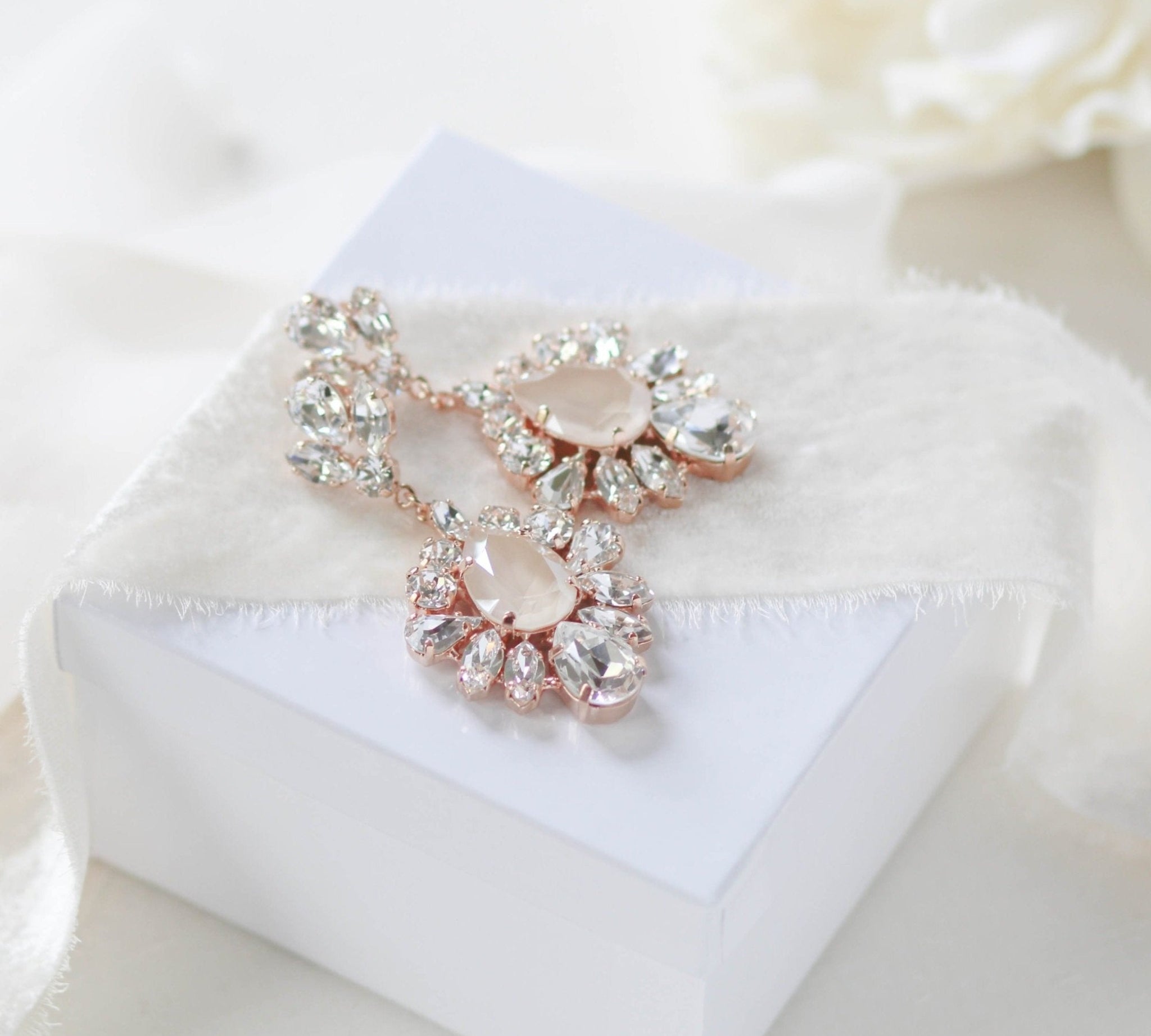 Gold Ivory cream crystal Bridal statement earrings - ELISE - Treasures by Agnes