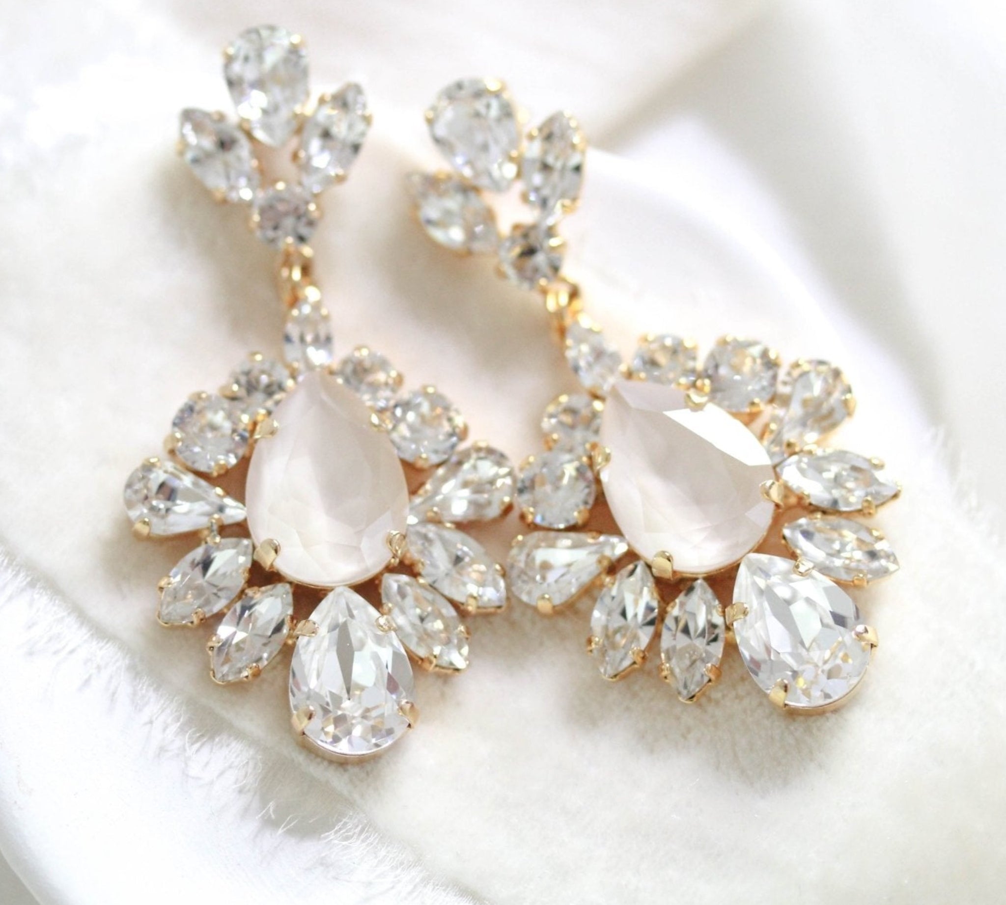 Gold Ivory cream crystal Bridal statement earrings - ELISE - Treasures by Agnes