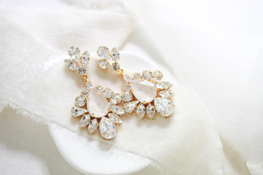 Gold Ivory cream crystal Bridal statement earrings - ELISE - Treasures by Agnes