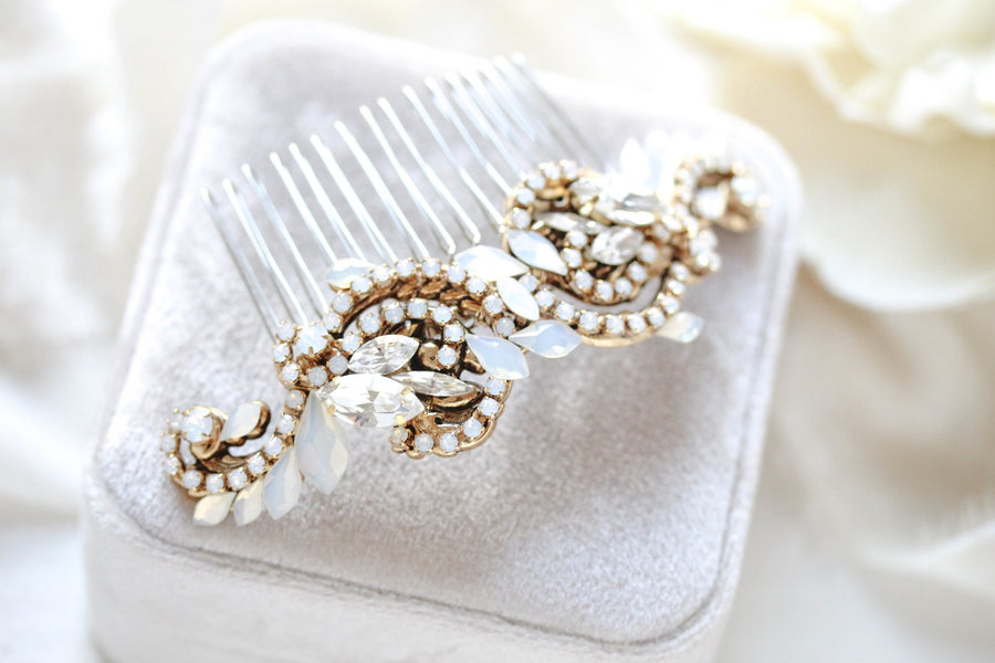 Gold Wedding hair comb with white crystals - DAKOTA - Treasures by Agnes