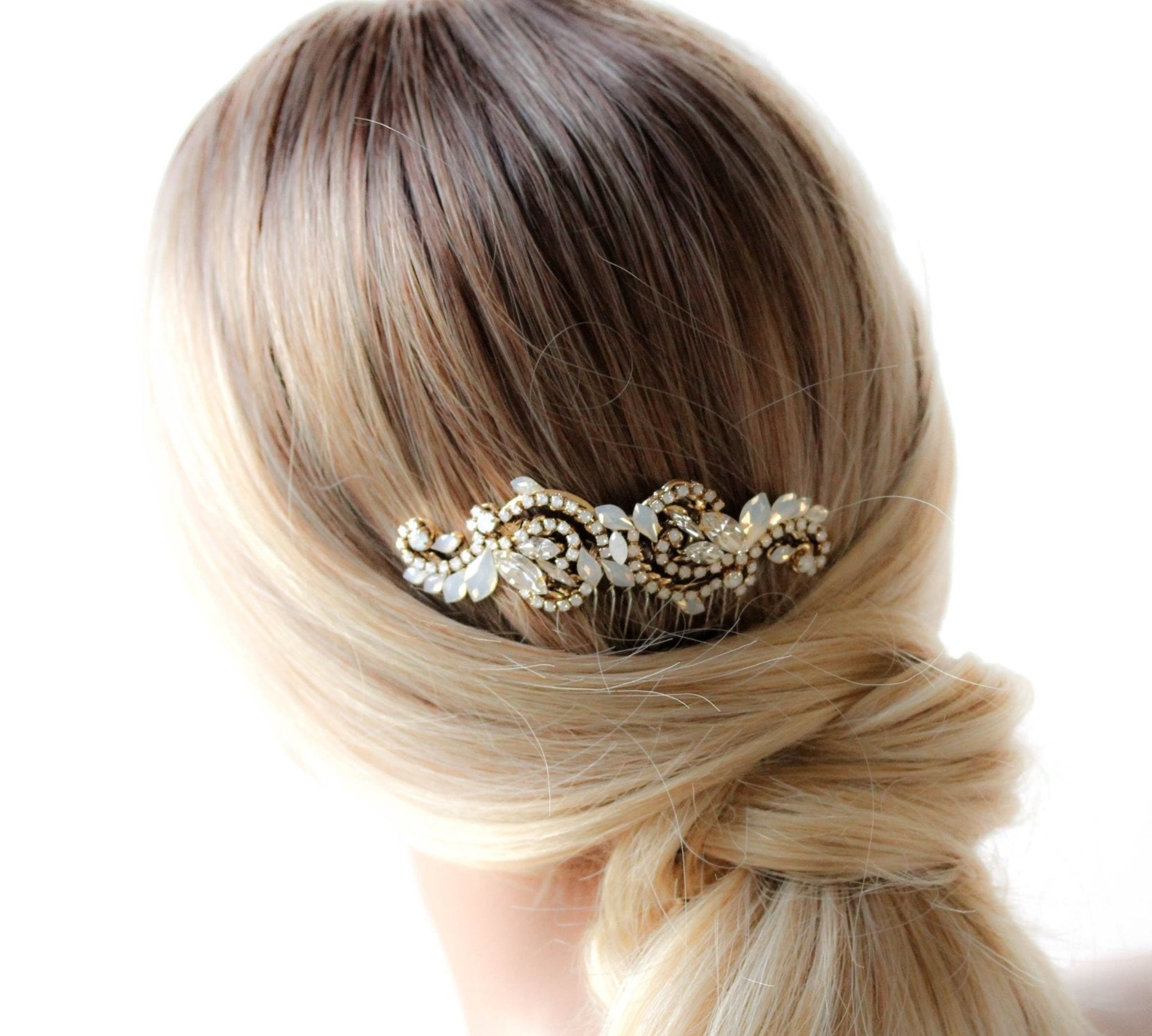 Gold Wedding hair comb with white crystals - DAKOTA - Treasures by Agnes