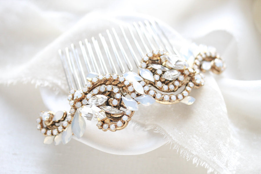 Gold Wedding hair comb with white crystals - DAKOTA - Treasures by Agnes